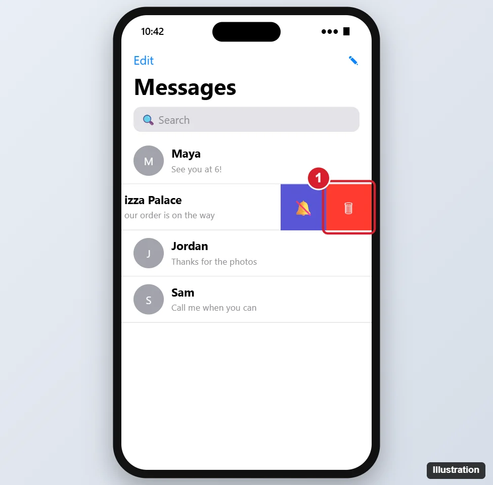 How to Delete a Text Message Conversation on iPhone SE 1 iPhone Messages list with a conversation swiped left showing the red trash Delete button highlighted