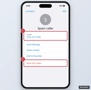iPhone contact card for a newly saved number with Block this Caller highlighted