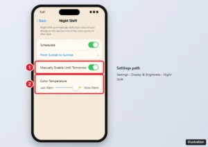 iPhone Night Shift settings with Scheduled, Manually Enable Until Tomorrow, and the Color Temperature slider highlighted