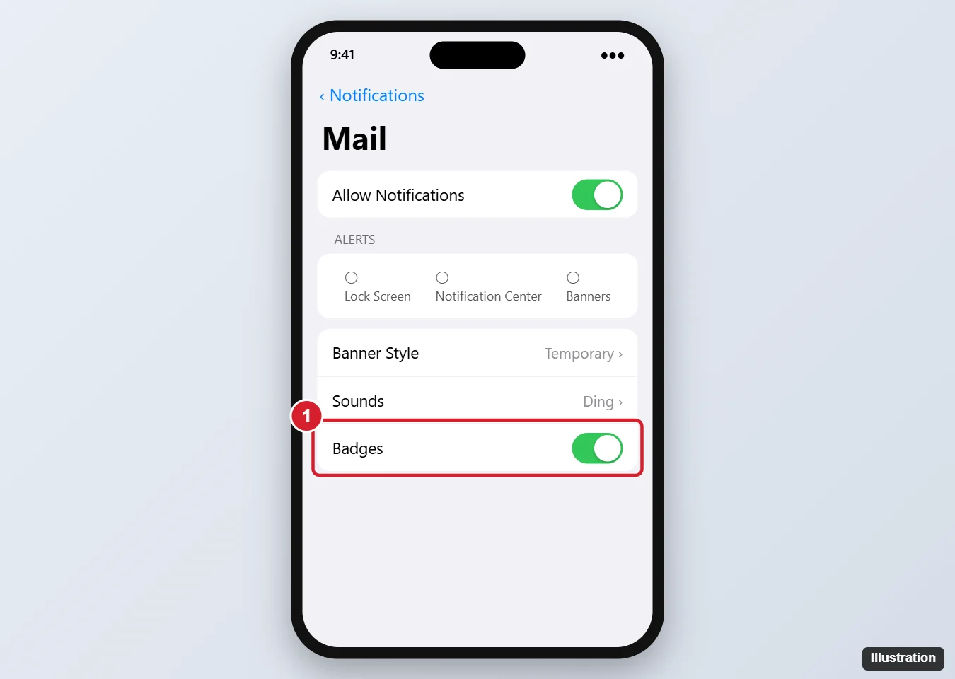 iPhone Settings Notifications Messages page with the Badges switch turned off