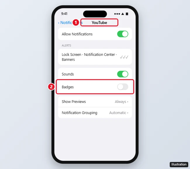 iPhone Settings Notifications YouTube page with the Badges switch highlighted