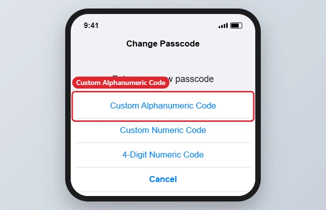 iPhone Change Passcode screen with Passcode Options showing Custom Alphanumeric Code