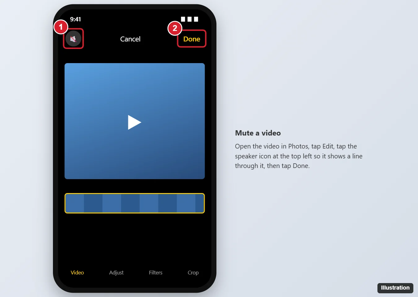 How to Remove Sound From an iPhone Video 1 iPhone Photos video editor with the speaker mute button and Done button highlighted