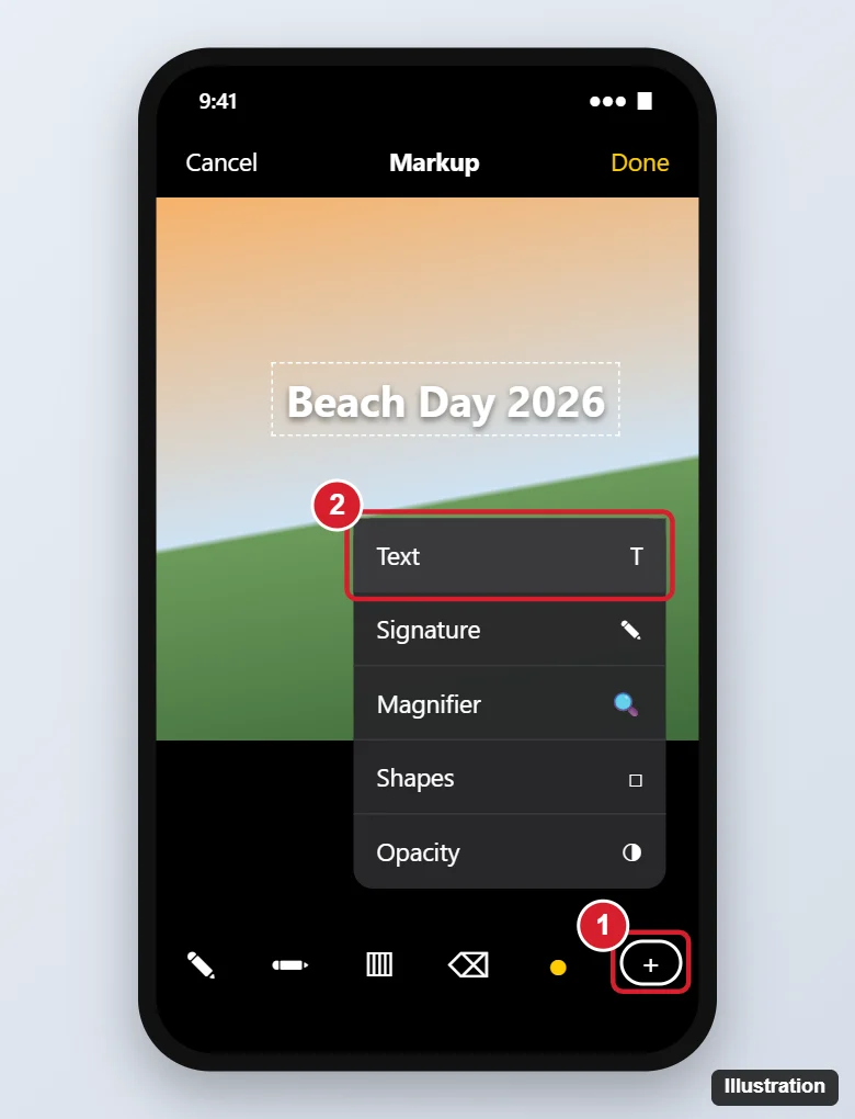 iPhone photo in Markup mode with the plus button menu open and Add Text highlighted