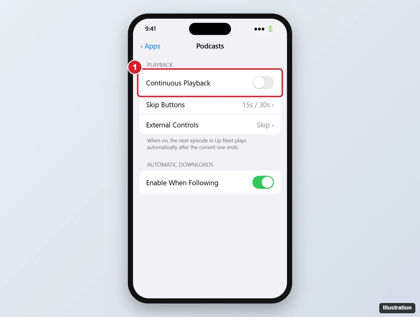 iPhone Podcasts settings with the Continuous Playback switch turned off