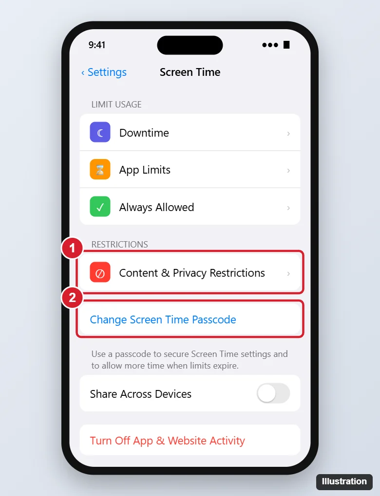 What Is a Restrictions Passcode on an iPhone? (Screen Time Passcode Explained) 1 iPhone Screen Time settings with Content and Privacy Restrictions and Change Screen Time Passcode highlighted