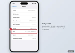 iPhone Settings General About screen with the IMEI number highlighted