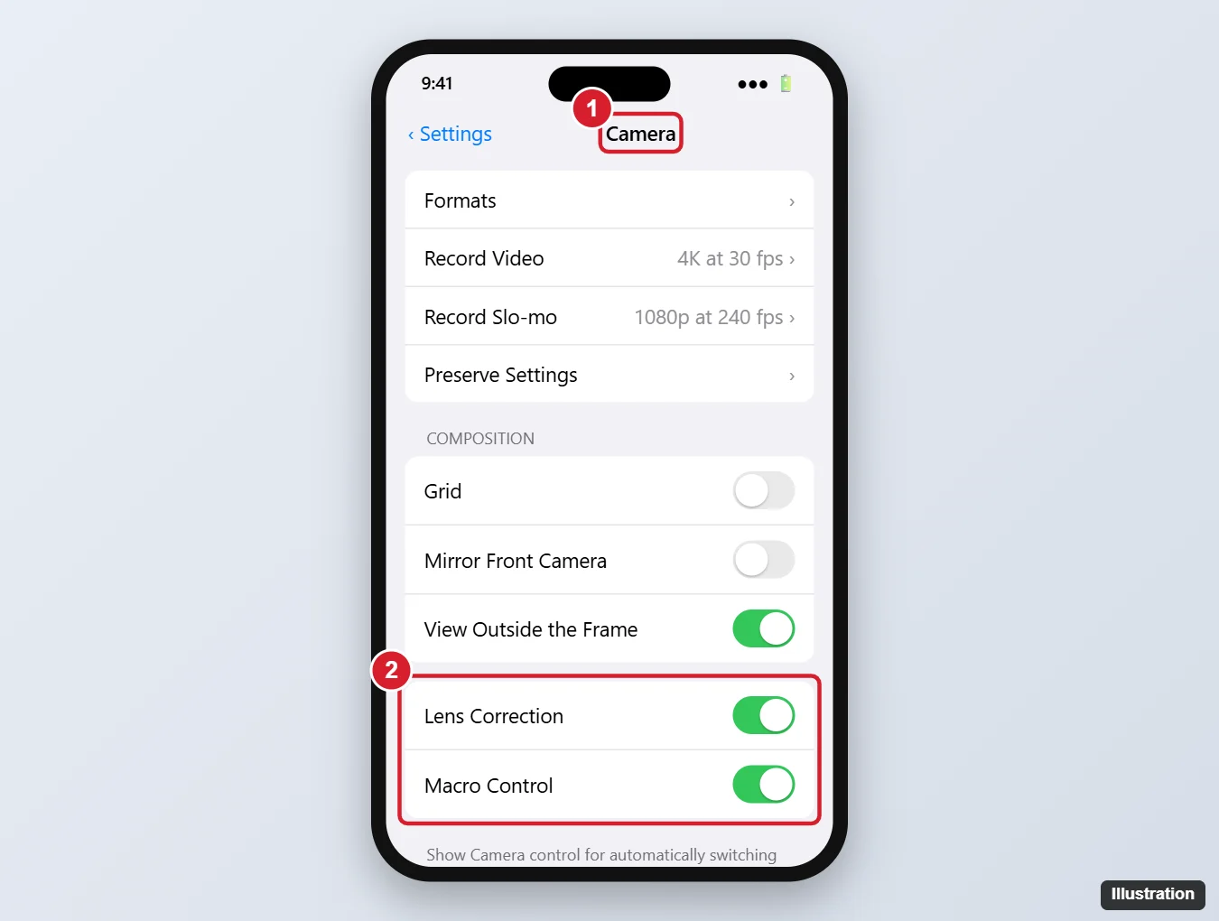 Fixing iPhone 14 Camera Focus Issues: Quick Solutions 1 iPhone Settings Camera page with Macro Control and Lens Correction switches highlighted