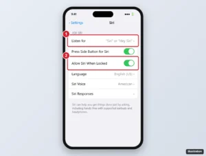iPhone Settings Siri page with the Listen for option set to Siri or Hey Siri and Allow Siri When Locked turned on