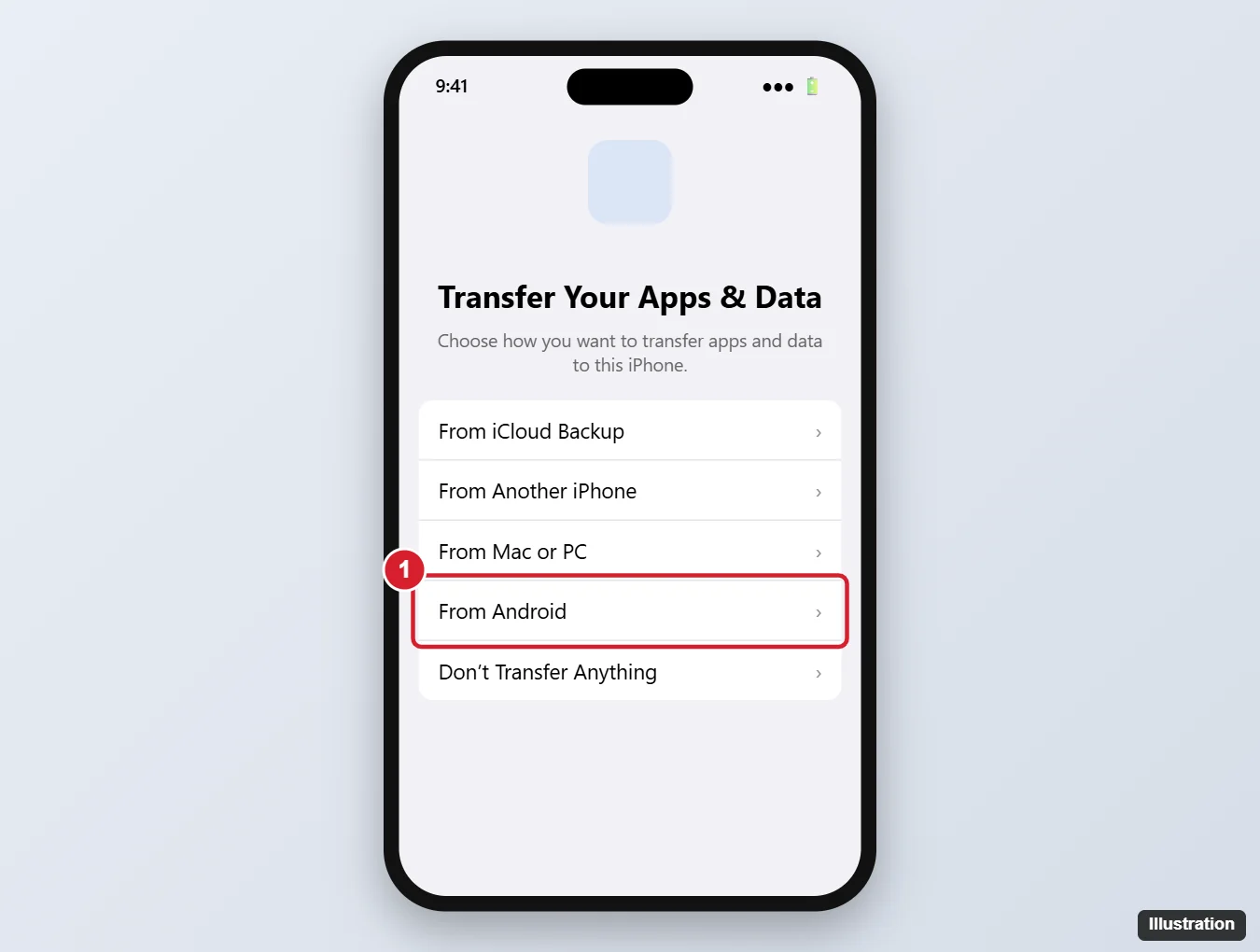 How to Transfer Apps From Android to iPhone: A Step-by-Step Guide 1 iPhone setup Transfer Your Apps and Data screen with the From Android option highlighted
