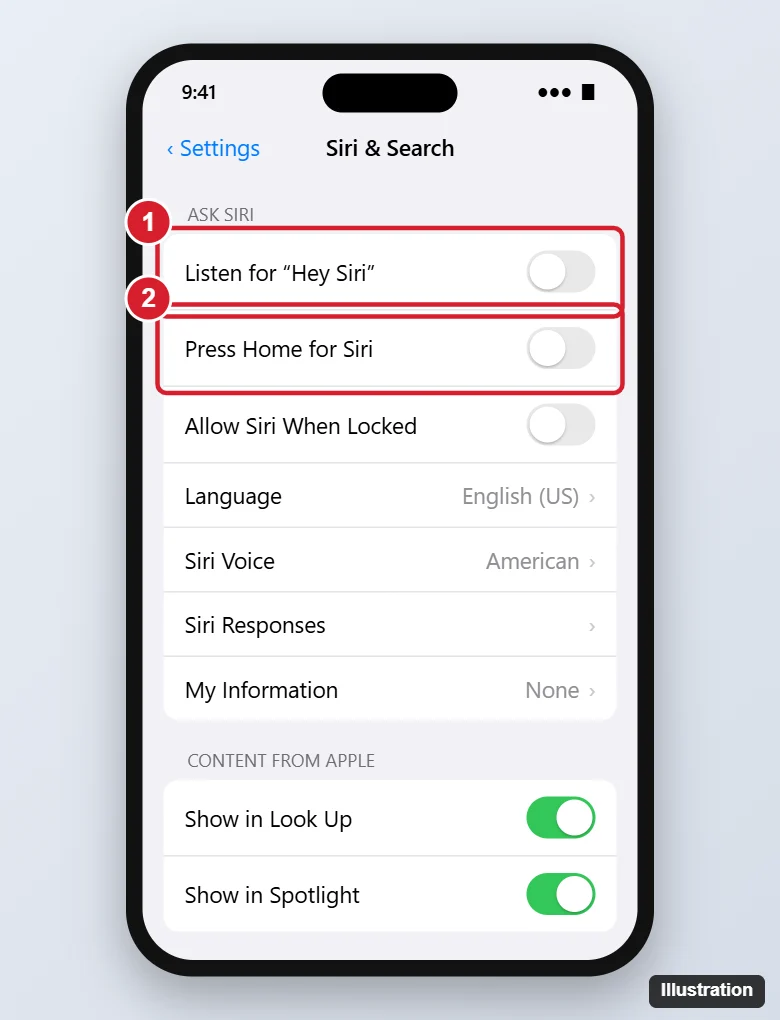 iPhone Siri and Search settings with Listen for Hey Siri and Press Home for Siri toggles highlighted