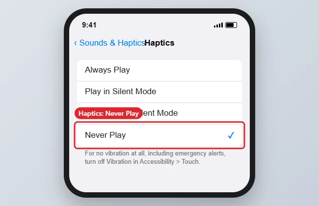 How to Turn Off Vibration on iPhone 13 1 iPhone Sounds & Haptics Haptics menu with Never Play selected