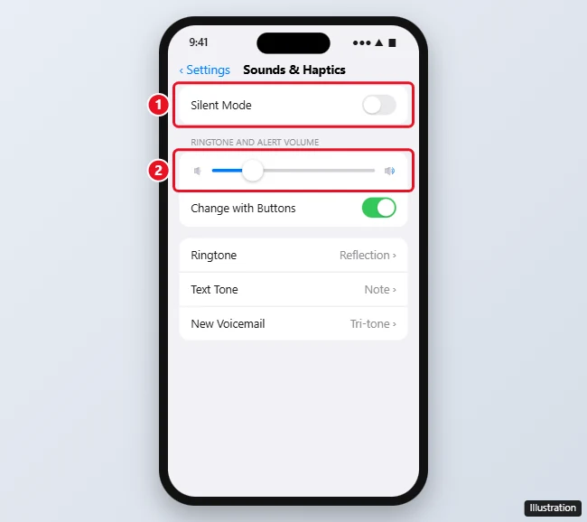iPhone Sounds and Haptics settings with Silent Mode and the Ringtone and Alert Volume slider highlighted