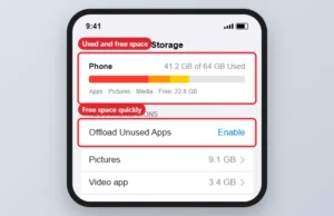 Phone Storage screen with used and free space bar and Offload Unused Apps