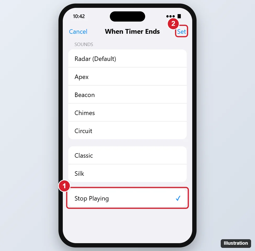 How to Use the Sleep Timer on iPhone 13 1 iPhone Clock app When Timer Ends screen with Stop Playing selected