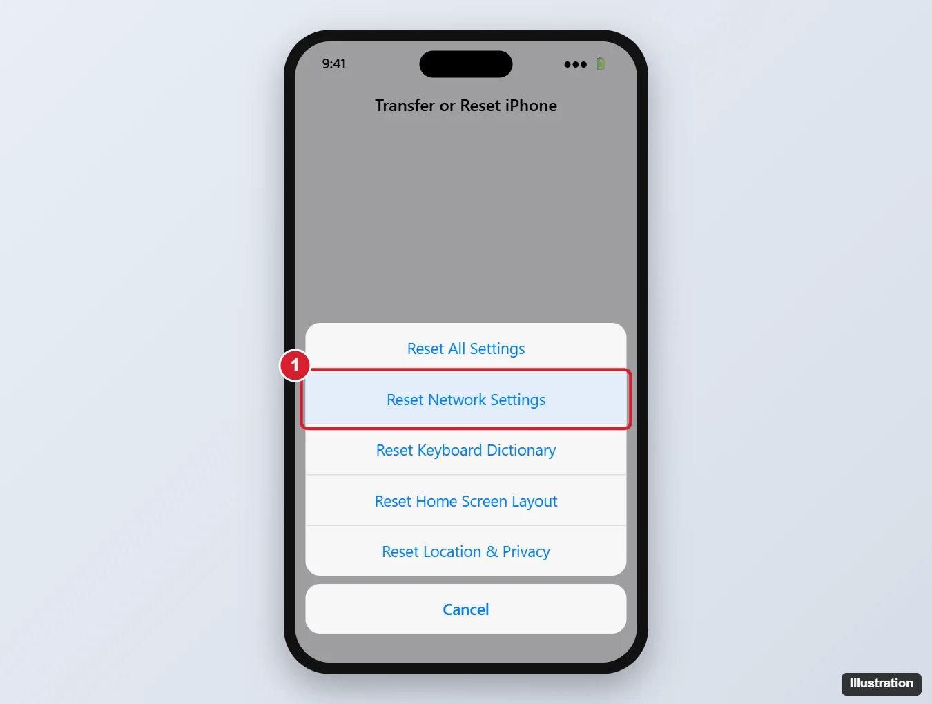 How to Reset Network Settings on an iPhone 11 1 iPhone Transfer or Reset iPhone screen with the Reset menu open and Reset Network Settings highlighted