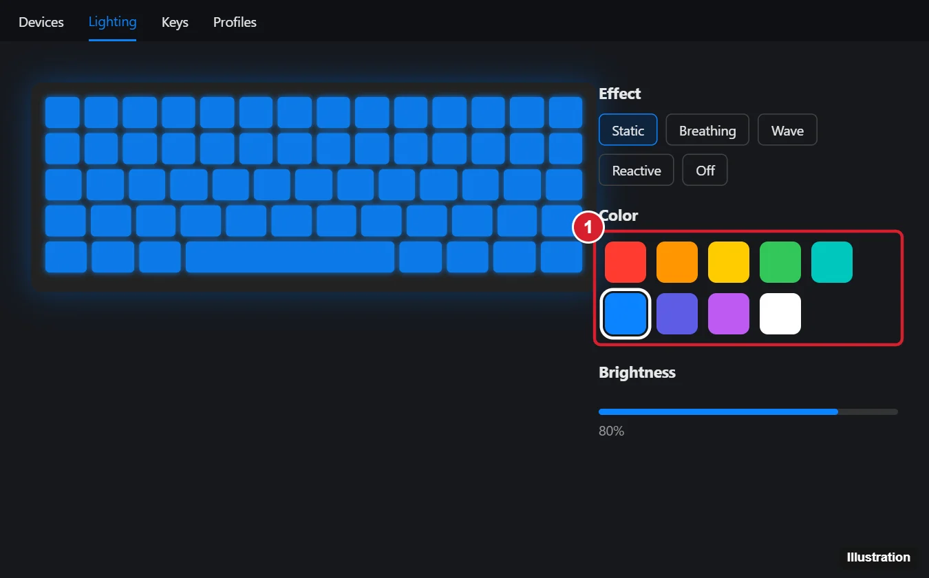 Keyboard lighting software showing a keyboard lit in blue, with a Static effect selected and a color picker where the blue swatch is highlighted, plus a brightness slider