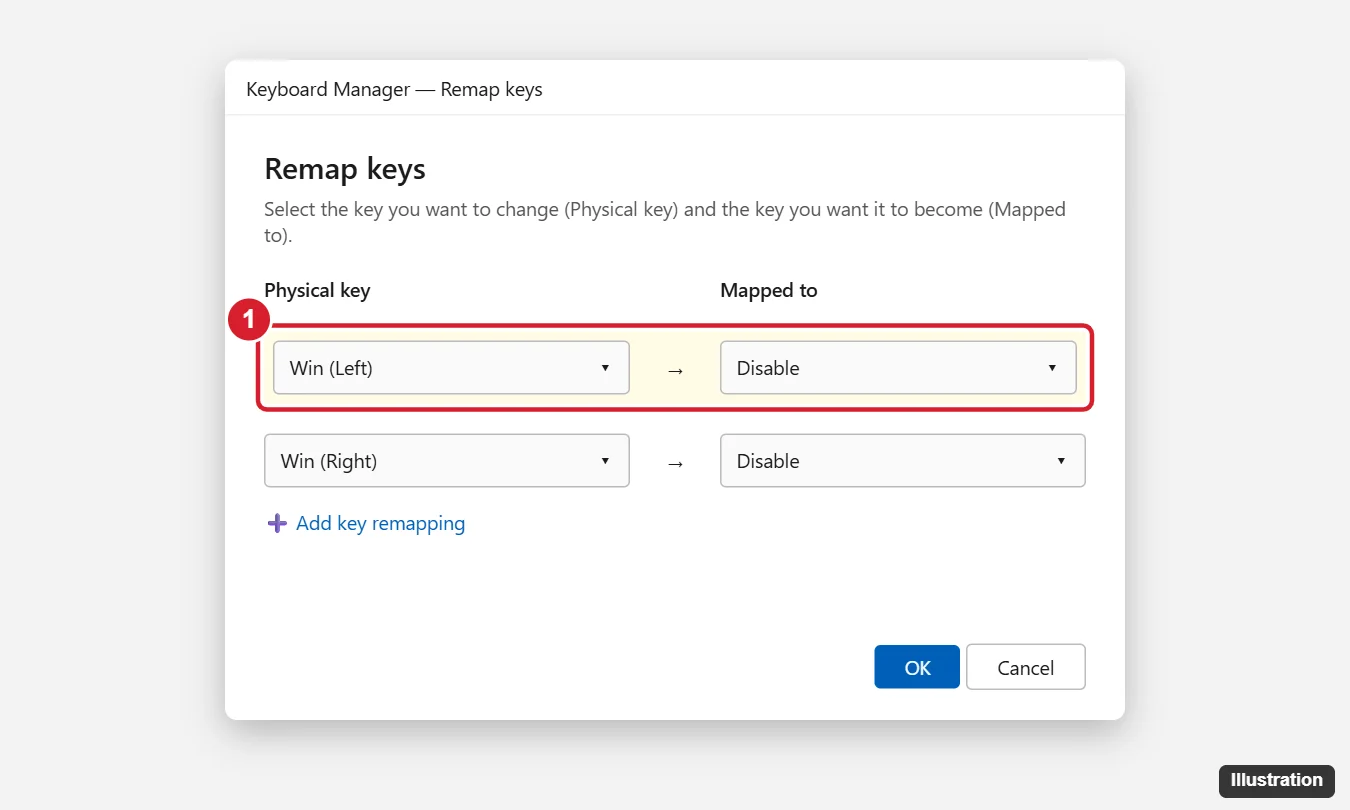 Keyboard remapping utility with the Windows key mapped to Disable, and OK button highlighted