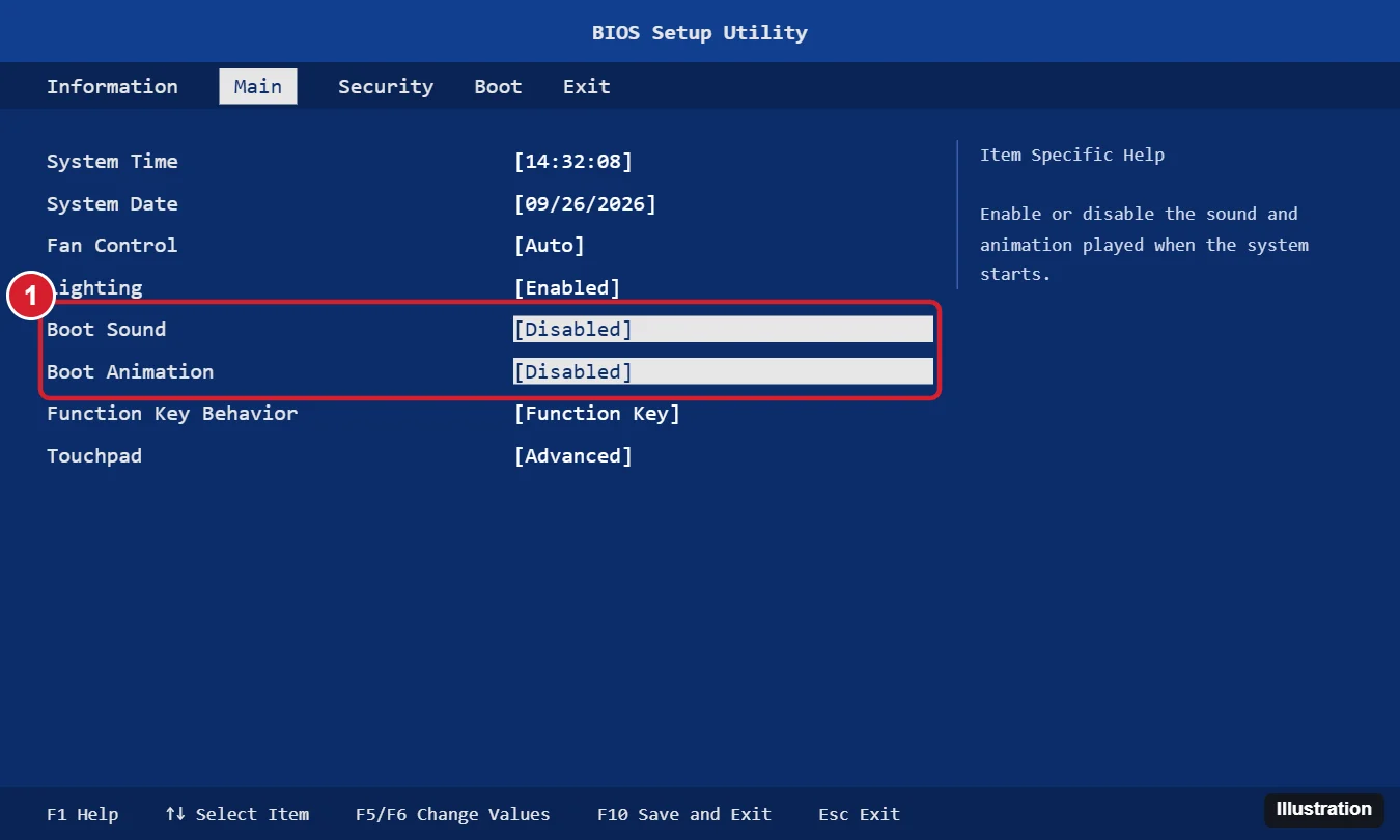 How to Turn Off the Boot Sound and Animation on an Acer Predator 1 Laptop BIOS setup Main tab with the boot sound and boot animation options set to Disabled