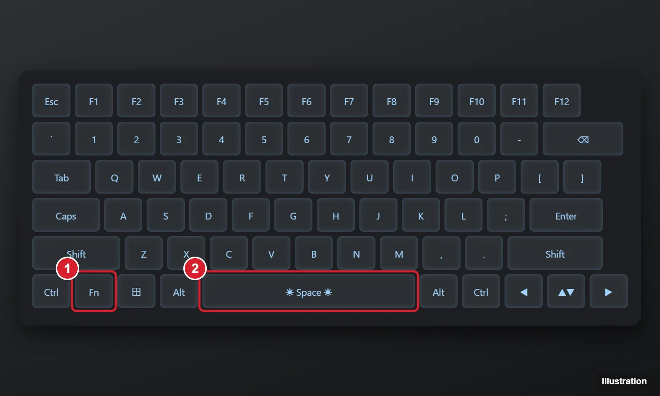 How to Turn On the Keyboard Light on a Lenovo Laptop (Windows 11) 1 Illustration of a laptop keyboard with the Fn key and the Spacebar with a backlight icon highlighted