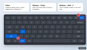 Laptop keyboard illustration highlighting the Print Screen key and the Windows plus Shift plus S shortcut