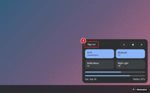 Laptop operating system quick settings panel opened from the clock, with the Sign out button highlighted
