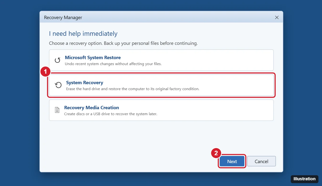 How to Factory Reset an HP Laptop With Windows 7: A Step-by-Step Guide 1 Laptop Recovery Manager window with the System Recovery option to restore factory condition highlighted