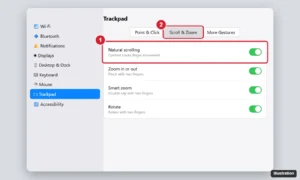 Laptop System Settings Trackpad pane on the Scroll and Zoom tab with the Natural scrolling switch highlighted