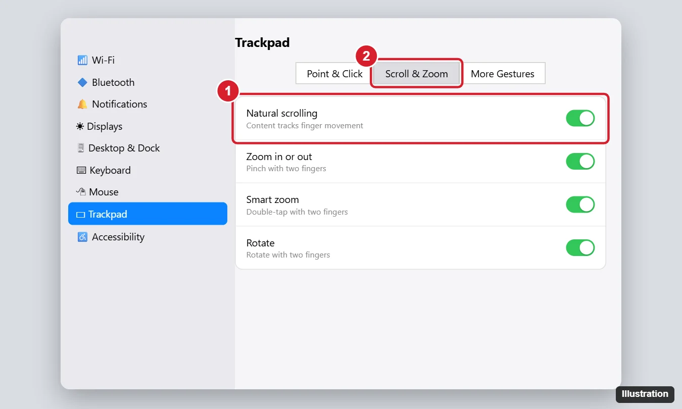 How to Change Scrolling Direction and Speed on a MacBook Air 1 Laptop System Settings Trackpad pane on the Scroll and Zoom tab with the Natural scrolling switch highlighted