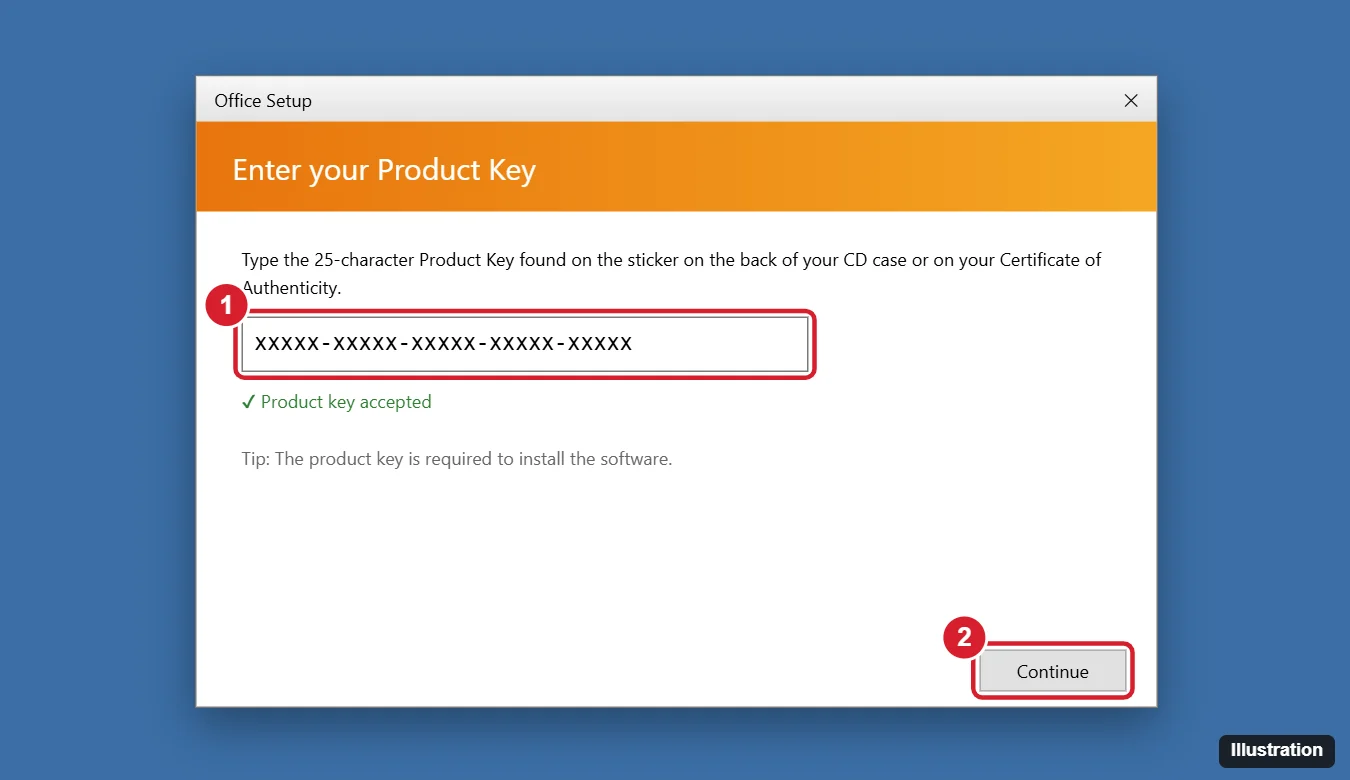 Legacy office suite setup window asking for a 25-character product key with the Continue button highlighted