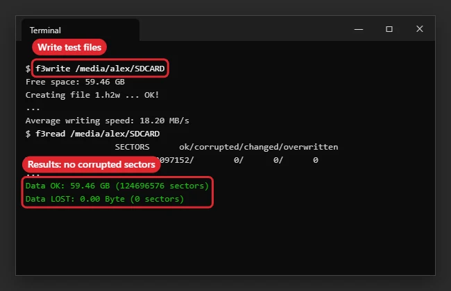 How to Check SD Card Health on Linux 1 Linux terminal running f3write and f3read to test an SD card for bad or fake capacity
