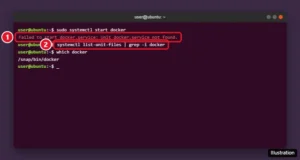 Linux terminal showing the Failed to start docker.service Unit docker.service not found error and a command to check for Docker unit files