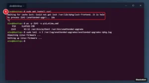 Linux terminal showing apt waiting for cache lock held by the unattended-upgr process, followed by a ps command that identifies the process, with the lock message highlighted