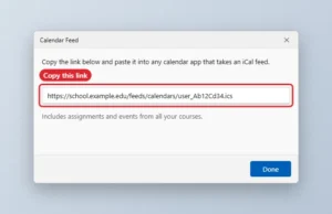 Course calendar Calendar Feed dialog with the feed link highlighted