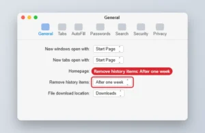 Mac web browser General settings with Remove history items set to After one week