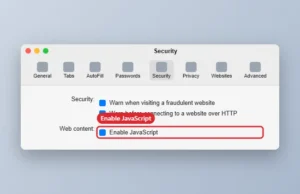 Mac browser Settings window on the Security tab with the Enable JavaScript checkbox