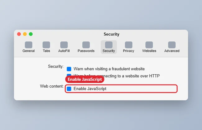 How to Disable JavaScript in Safari on a Mac 1 Mac browser Settings window on the Security tab with the Enable JavaScript checkbox