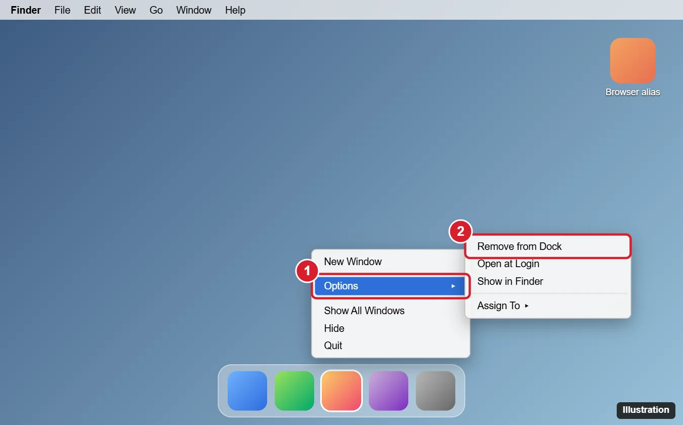 How to Remove the Google Chrome Icon from the Desktop on Mac 1 Mac Dock with a browser app icon right-clicked, the Options submenu open and Remove from Dock highlighted
