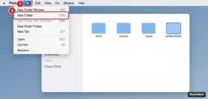 Mac Finder with the File menu open and New Folder highlighted