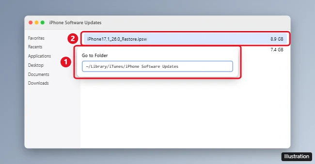 Where Are IPSW Files Stored on Mac and Windows? 1 Mac Finder Go to Folder box with the iPhone Software Updates path entered and an IPSW file shown in the folder