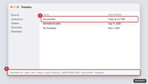 Mac Finder window open to the Office User Content Templates folder with Normal.dotm highlighted