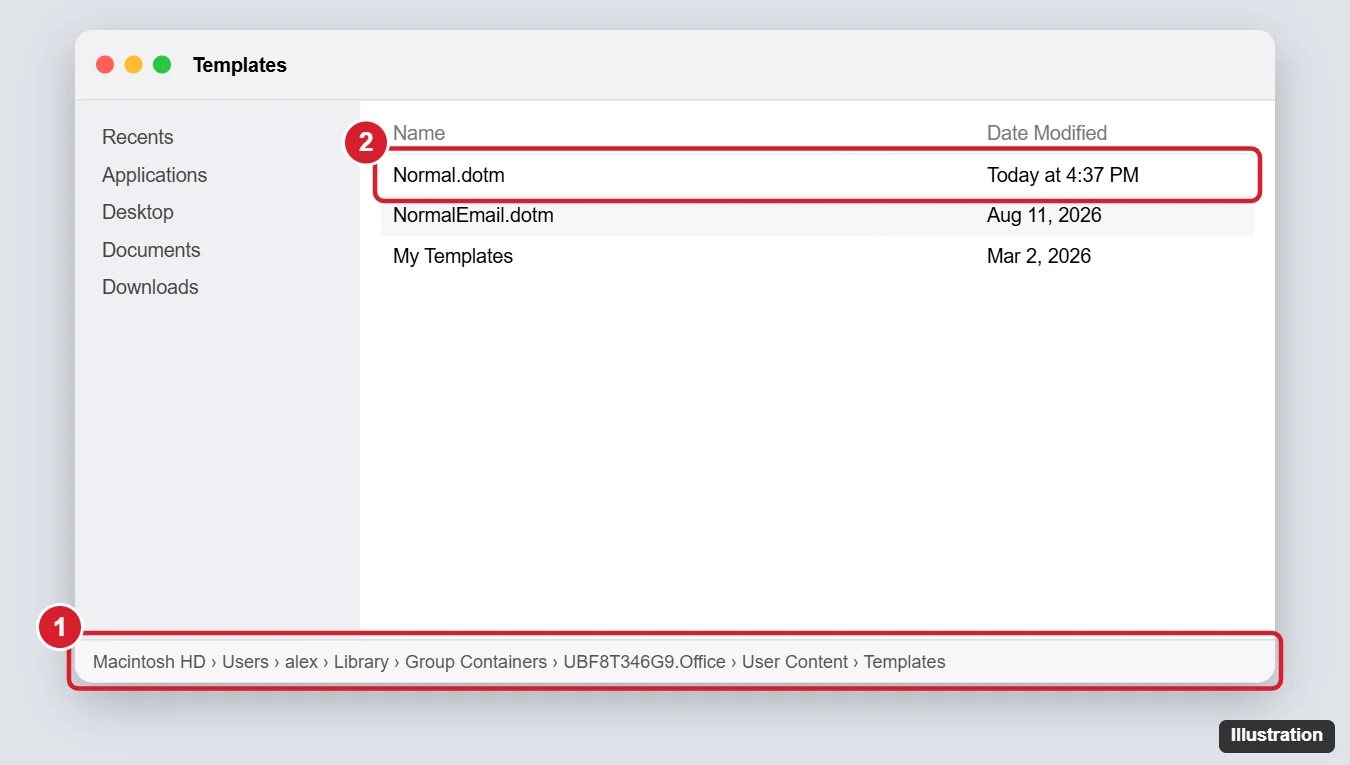 Mac Finder window open to the Office User Content Templates folder with Normal.dotm highlighted