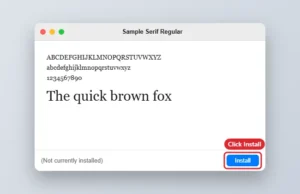 Mac font preview window for a downloaded font with the Install button highlighted