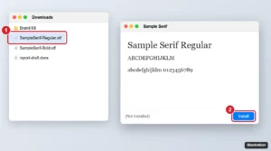Mac font preview window for a downloaded font with the Install button highlighted, next to the font file in a Downloads folder