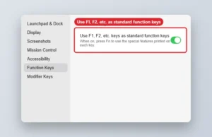 Mac Keyboard settings Function Keys panel with the use F1, F2 as standard function keys switch