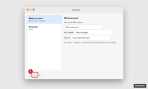 Mac email app Accounts settings listing an account with the minus button highlighted to remove it and sign out