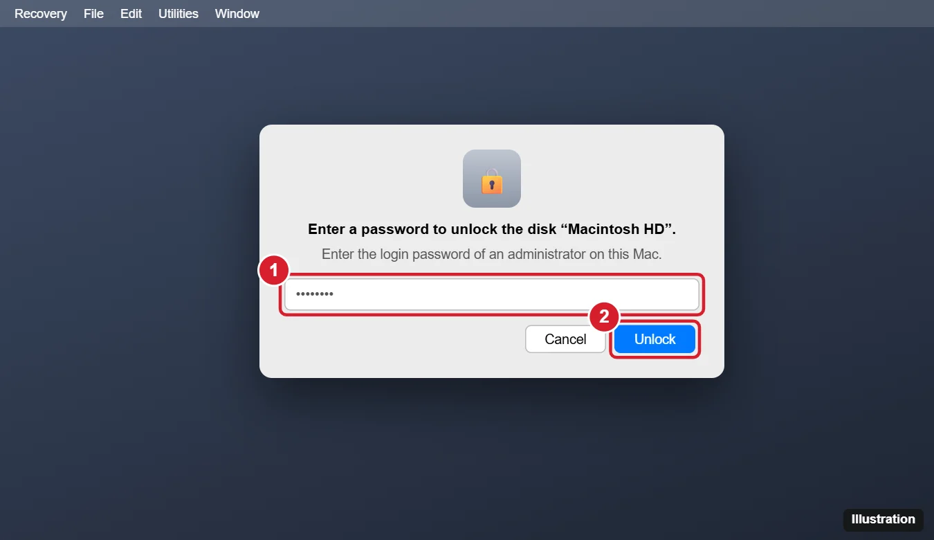 Enter a Password to Unlock the Disk Macintosh HD: What It Means and How to Fix It 1 Mac recovery screen asking for a password to unlock the startup disk, with the password field and Unlock button highlighted