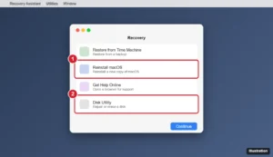 Mac Recovery utilities window with Reinstall and Disk Utility options highlighted