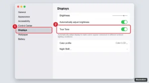 Mac System Settings Displays pane with the True Tone switch highlighted