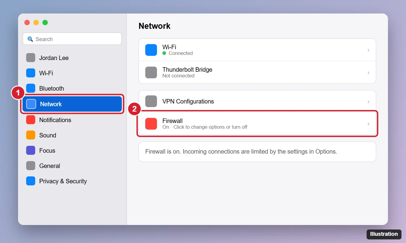 How to Turn Off the Firewall on a Mac (All macOS Versions) 1 Mac System Settings window with Network selected in the sidebar and the Firewall toggle highlighted
